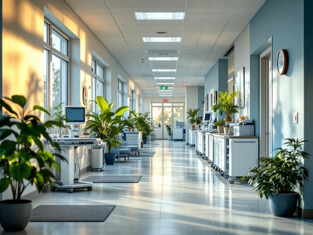 Moderne zorgfaciliteit gang in Noord-Brabant met natuurlijk licht, medische apparatuur en groene planten
