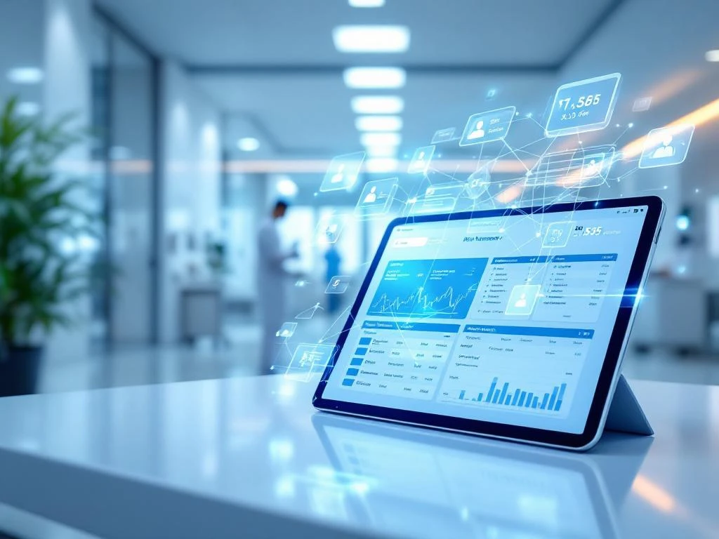 Moderne zorgfaciliteit met digitale werkstations en holografische interface voor personeelsplanning en dienstroosters