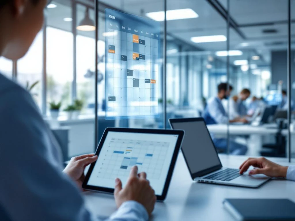 Nederlandse zorgverleners werken met tablets en laptops aan flexibele roosters in moderne ziekenhuis met glazen wanden