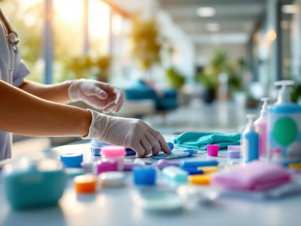Handen in medische handschoenen rangschikken kleurrijke medische benodigdheden in moderne zorgfaciliteit met natuurlijk licht