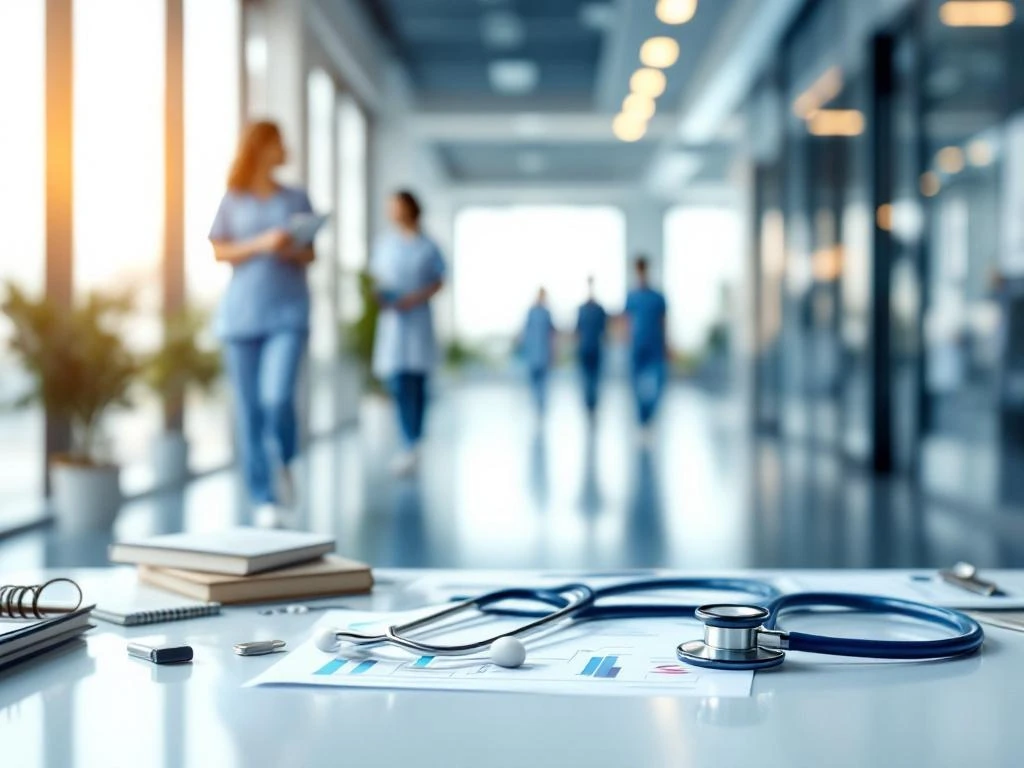 Moderne ziekenhuisgang met medische apparatuur op voorgrond en zorgpersoneel in scrubs op achtergrond