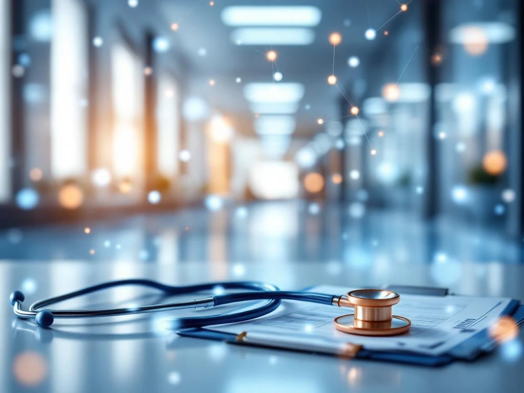 Moderne ziekenhuisgang met stethoscoop en klembord, verbonden door netwerklijnen die zorgverleners en instellingen symboliseren