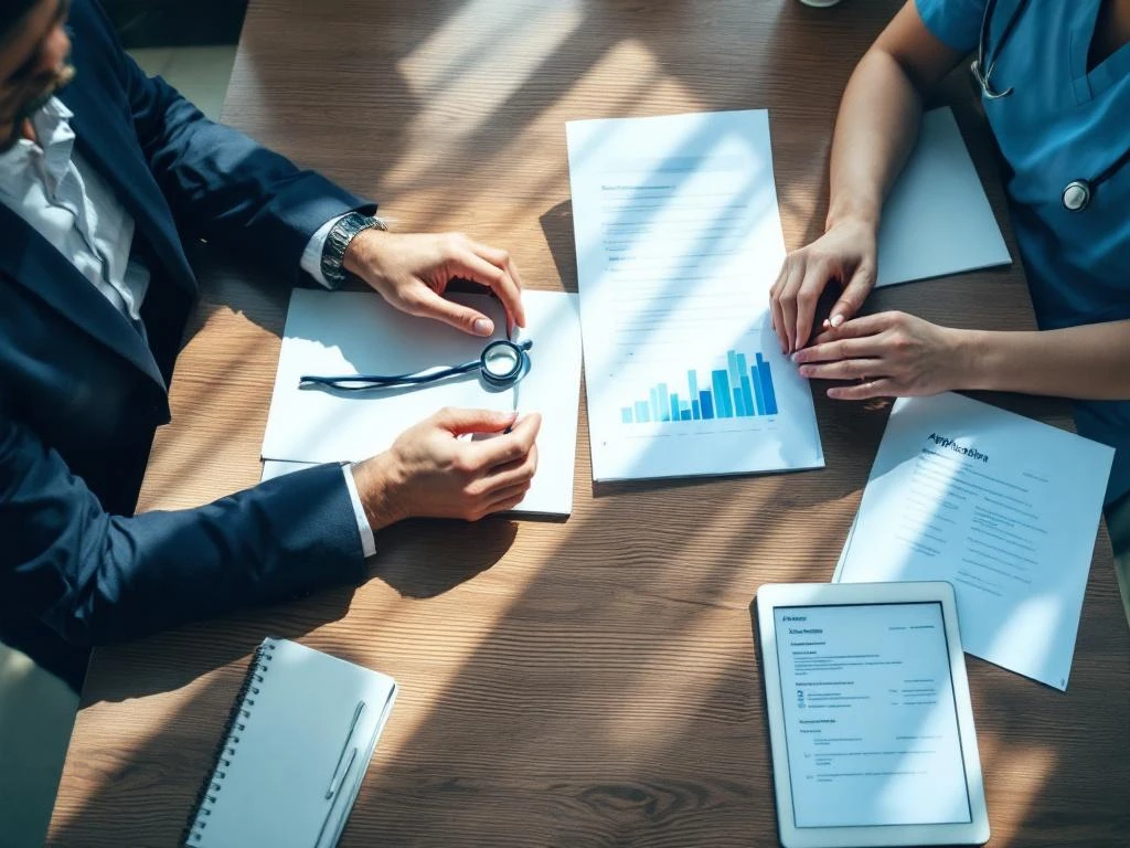 Zorgverlener en HR-manager tijdens sollicitatiegesprek met stethoscoop en documenten op houten bureau