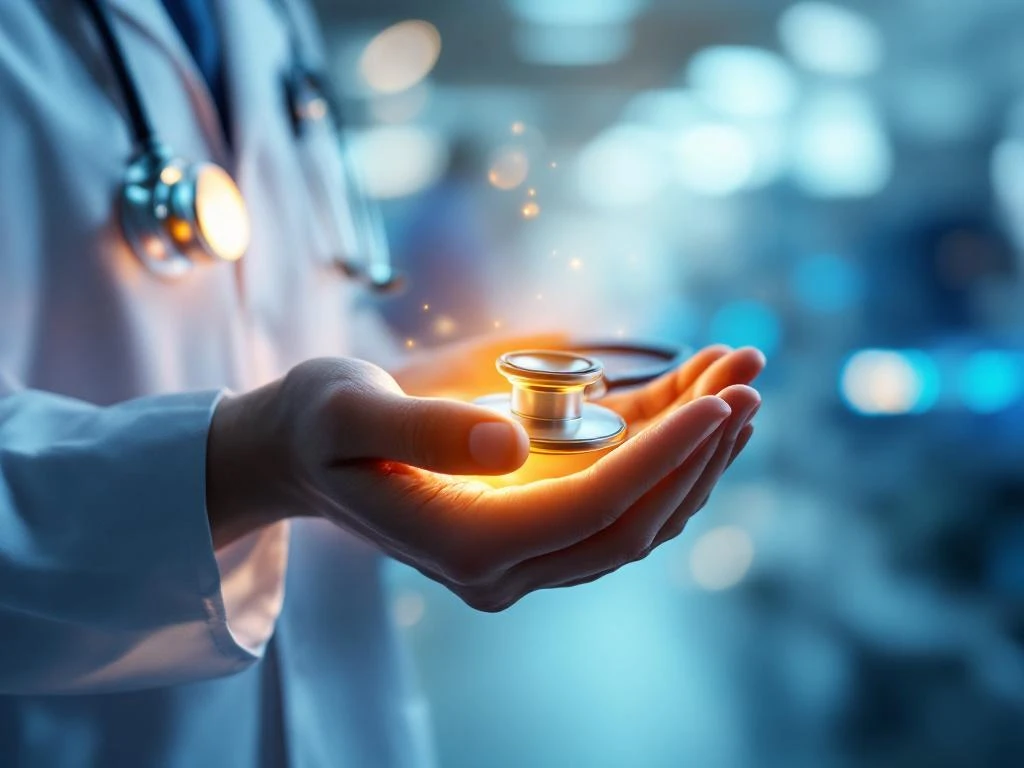 Handen die een gloeiende stethoscoop vasthouden tegen een zachte zorgachtergrond met warme verlichting
