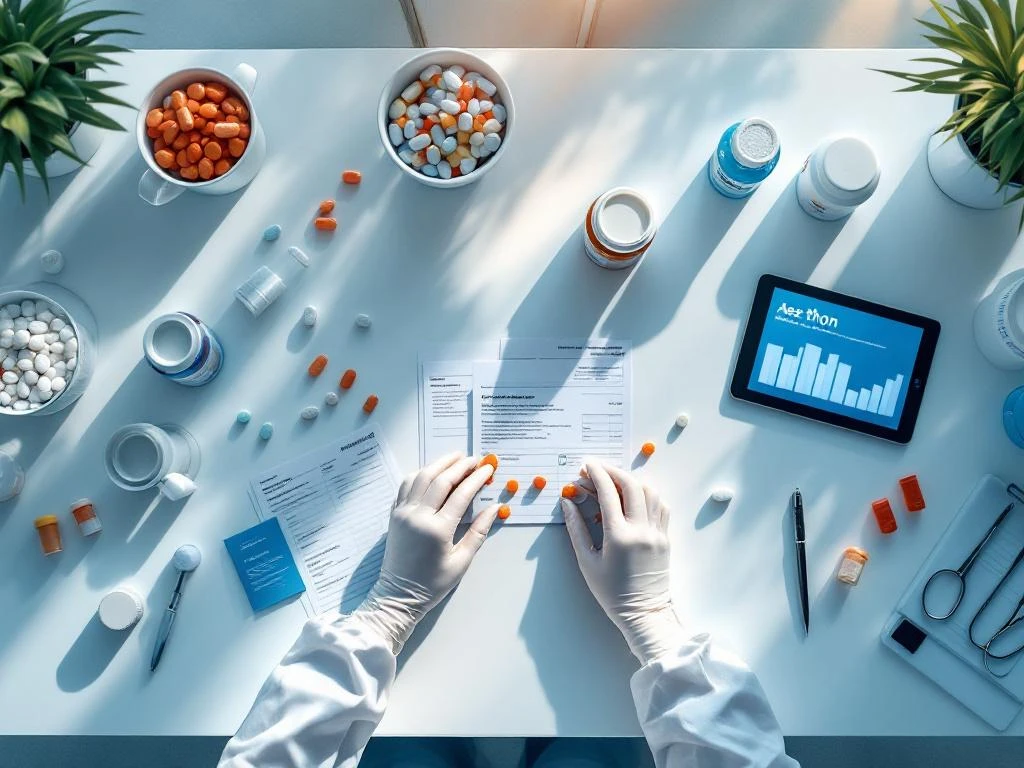 Apotheker in handschoenen organiseert medicijnverpakkingen en recepten op schone werkplek met medische benodigdheden