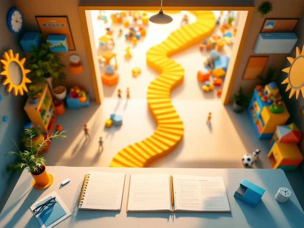 Bovenaanzicht van moderne BSO-werkplek met gouden pad, educatief speelgoed en professionele ontwikkelingsmaterialen