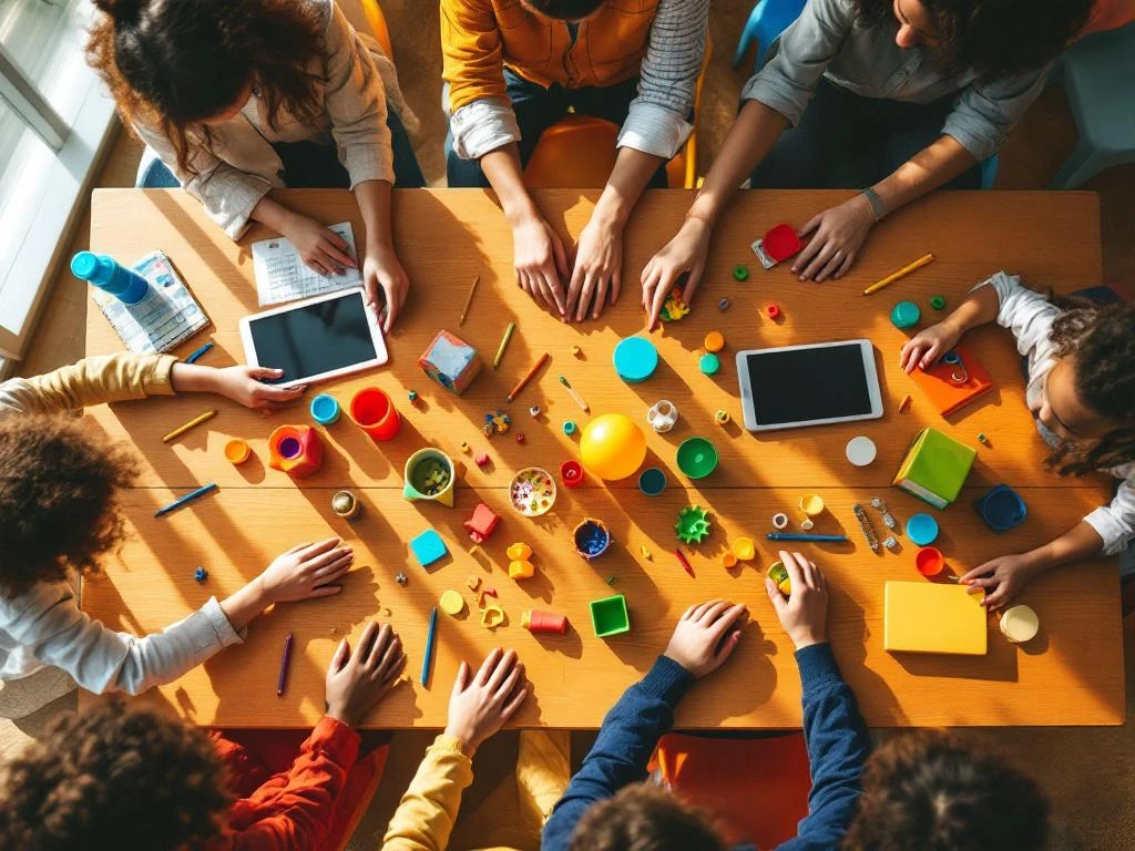 Diverse handen werken samen aan kleurrijke activiteitentafel in BSO met educatief speelgoed en knutselmateriaal