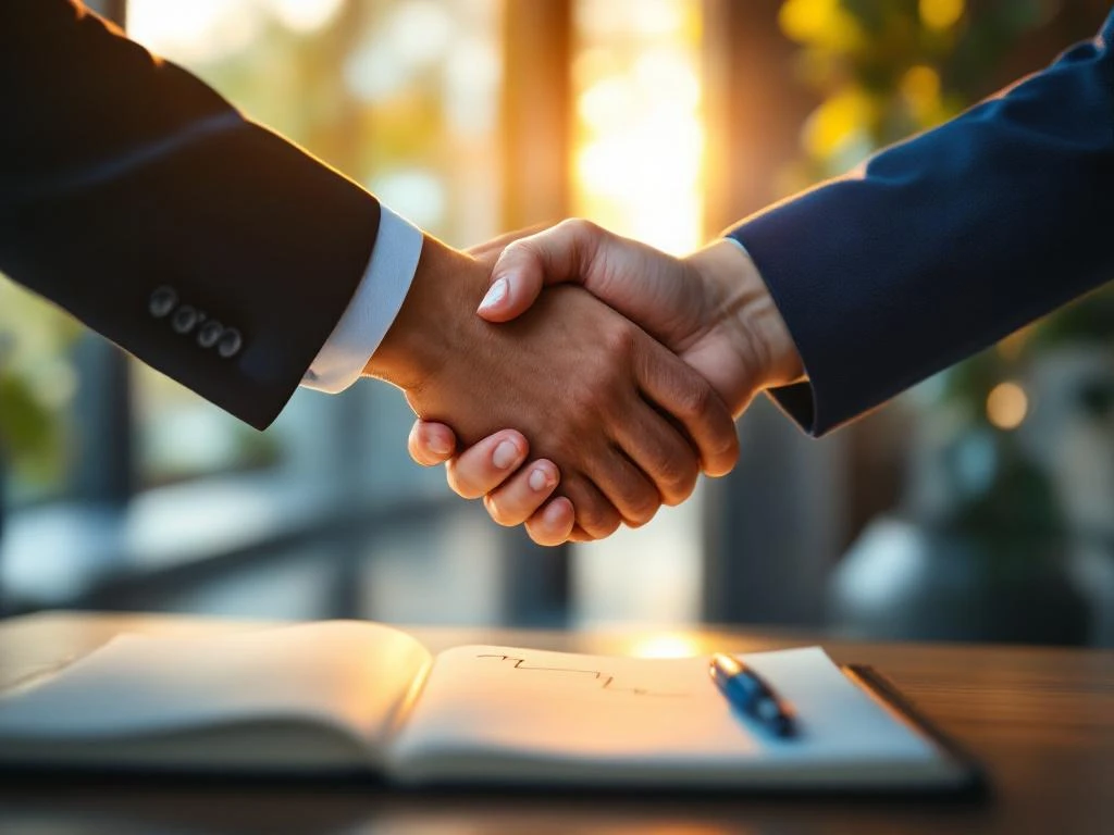 Twee handen in ondersteunende handdruk, zakelijk en casual, met notitieboek in modern kantoor met warm licht