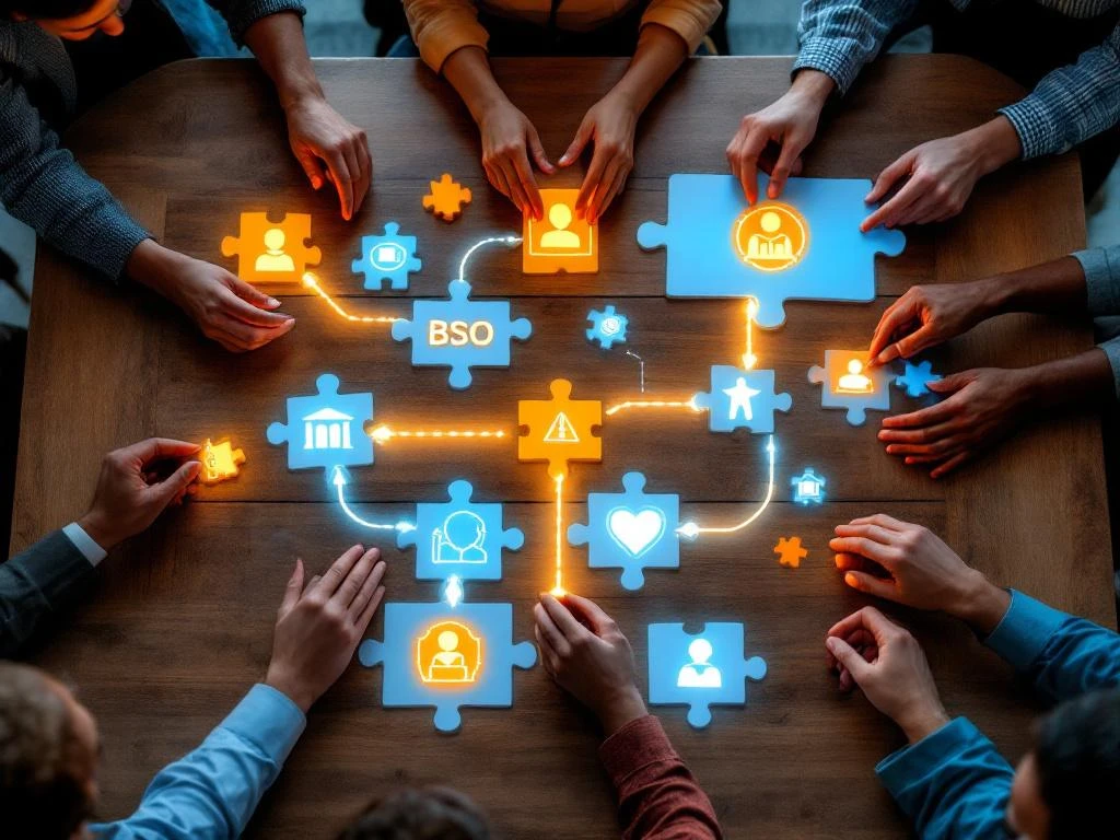 Diverse handen arrangeren verlichte puzzelstukken die een carrièrepad vormen van kinderopvang naar succes op houten tafel