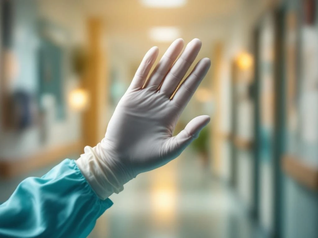 Medische handen in handschoenen tonen kalmerende de-escalatietechniek in zorgomgeving met warme verlichting