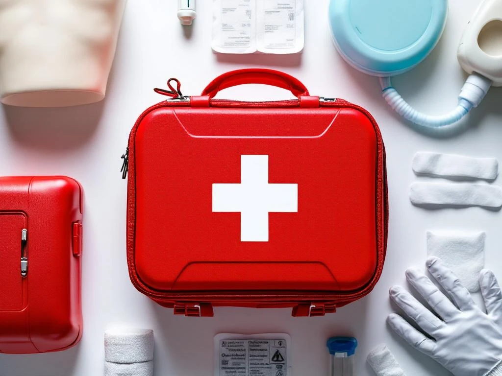 Rode EHBO-kit omringd door professionele medische trainingsapparatuur inclusief reanimatiepoppen en verbandmiddelen