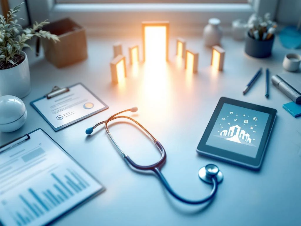 Stethoscoop op bureau van zorgprofessional met certificaten, tablet en gouden lichtstralen die carrièremogelijkheden symboliseren