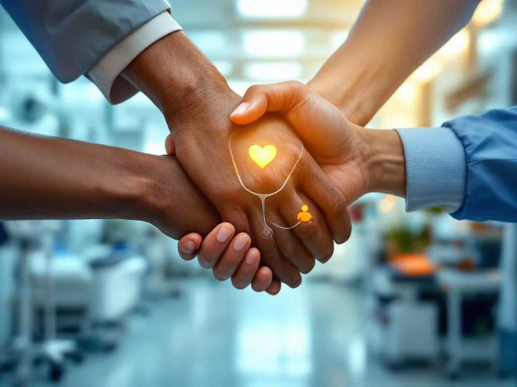 Diverse handen komen samen boven medische apparatuur, symboliserend samenwerking en carrièrestart in de zorg