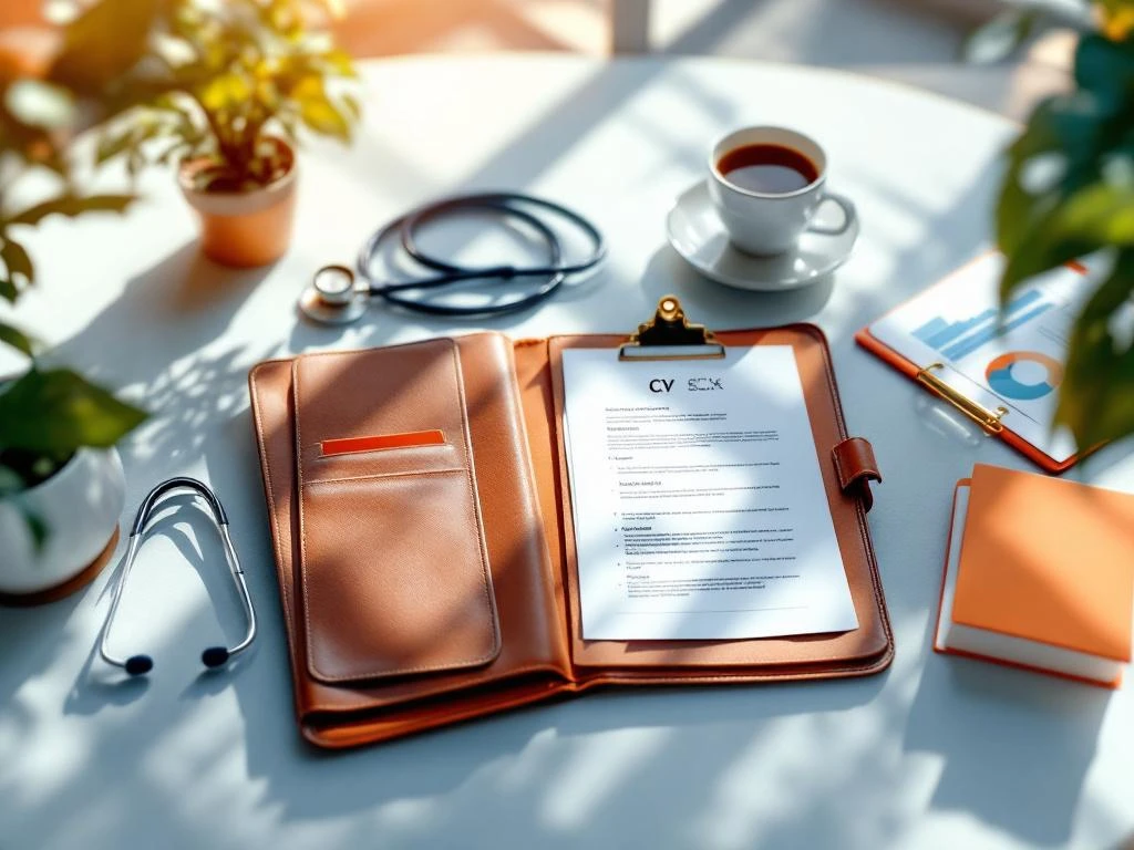 Gezondheidszorg CV en referenties op professioneel bureau met stethoscoop, medisch klembord en koffie