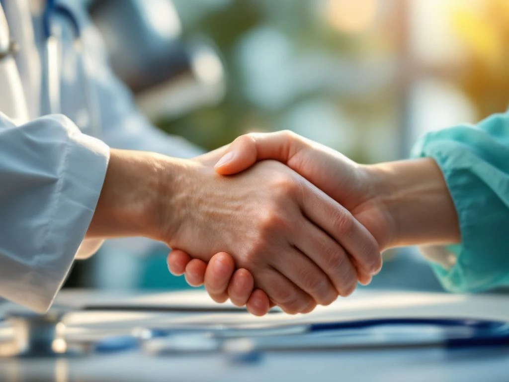 Twee handen die elkaar vasthouden in zorgzame gebaar in medische setting met stethoscoop op de achtergrond