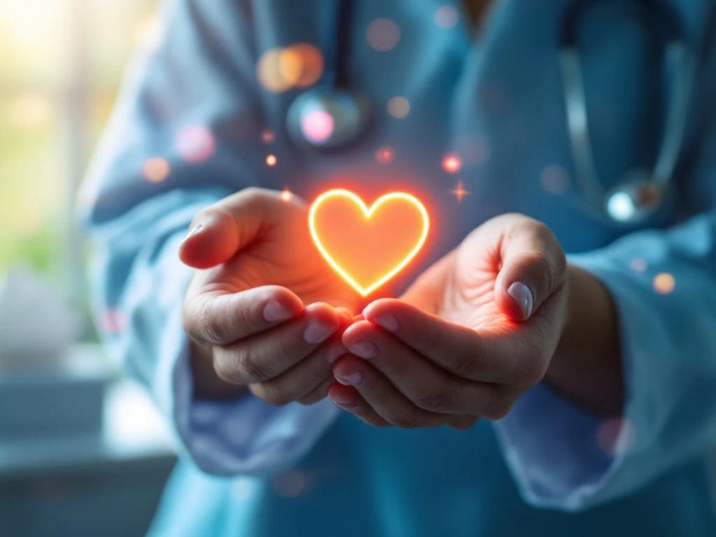 Zorgzame handen houden stethoscoop en gloeiend hartsymbool vast in moderne gezondheidszorgomgeving