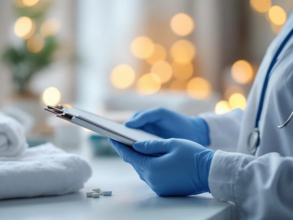 Handen in medische handschoenen houden stethoscoop en klembord in professionele zorgomgeving voor ouderen