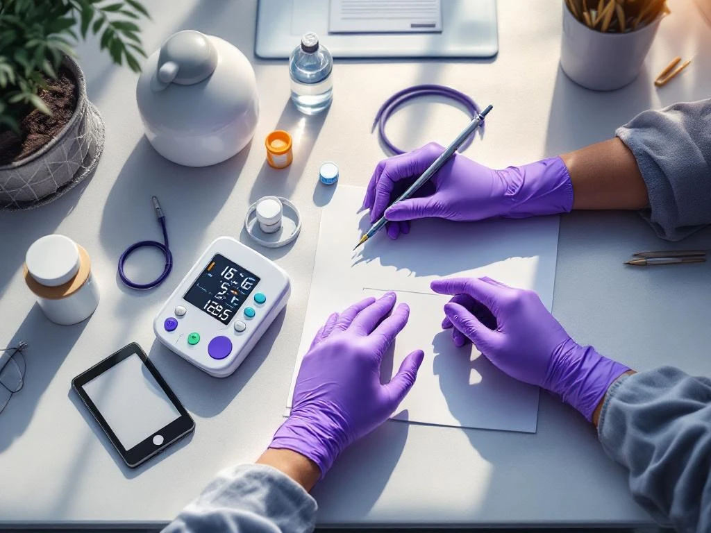 Handen van zorgprofessional in paarse handschoenen met medische apparatuur en medicijnen op klinisch werkblad