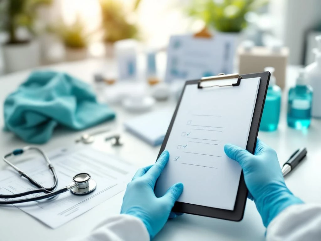 Handen in medische handschoenen met stethoscoop en checklist voor kwaliteitszorg in Nederlandse ouderenzorg