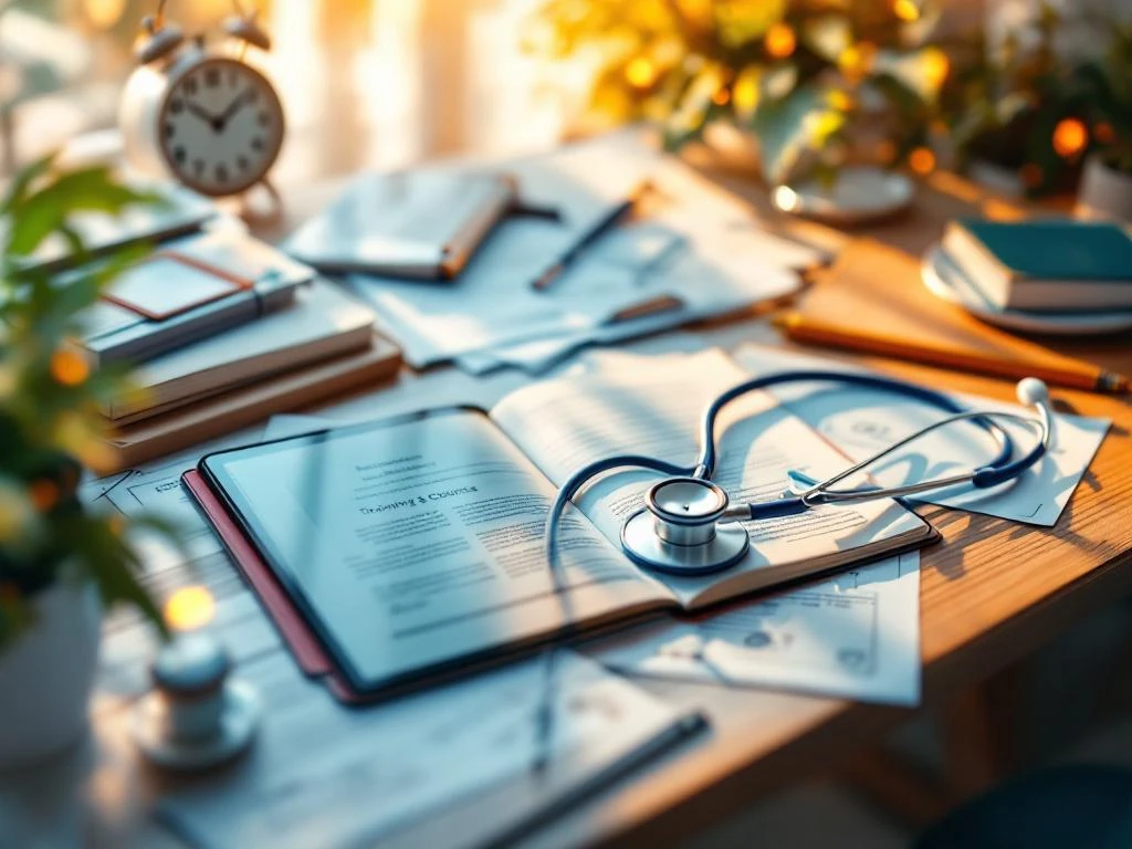 Bureau met medisch leerboek, tablet met digitale cursus, stethoscoop en verpleegkundige certificaten in natuurlijk licht