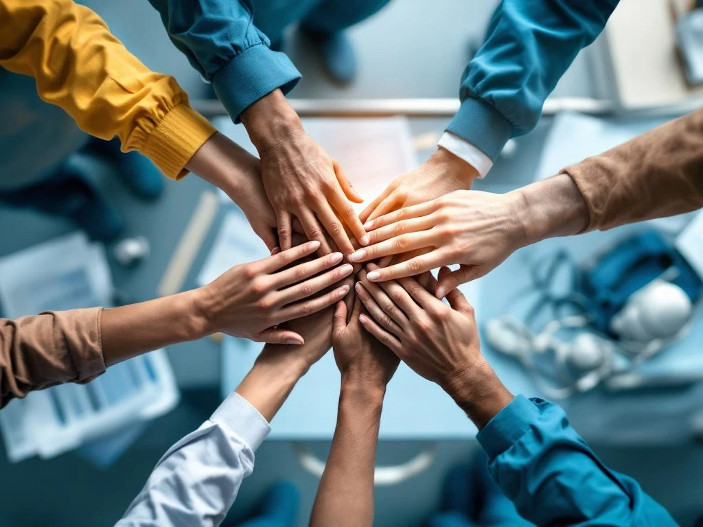 Diverse handen van verschillende leeftijden komen samen boven zorgwerkplek met medische apparatuur