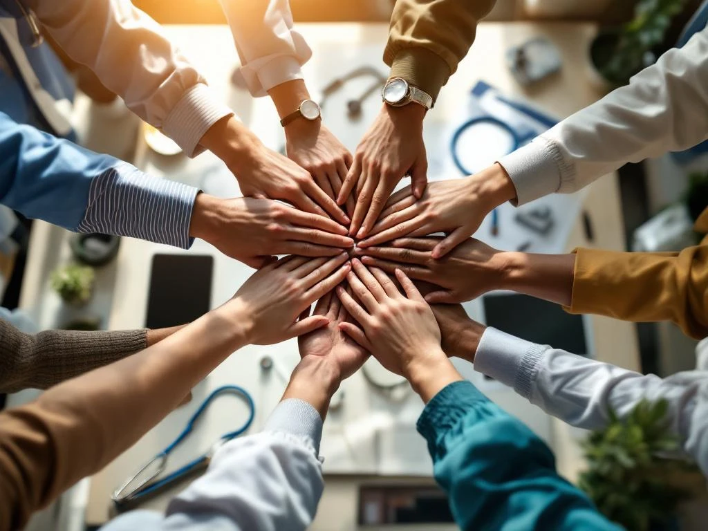 Diverse handen komen samen in cirkel boven moderne gezondheidszorg werkplek met medische apparatuur