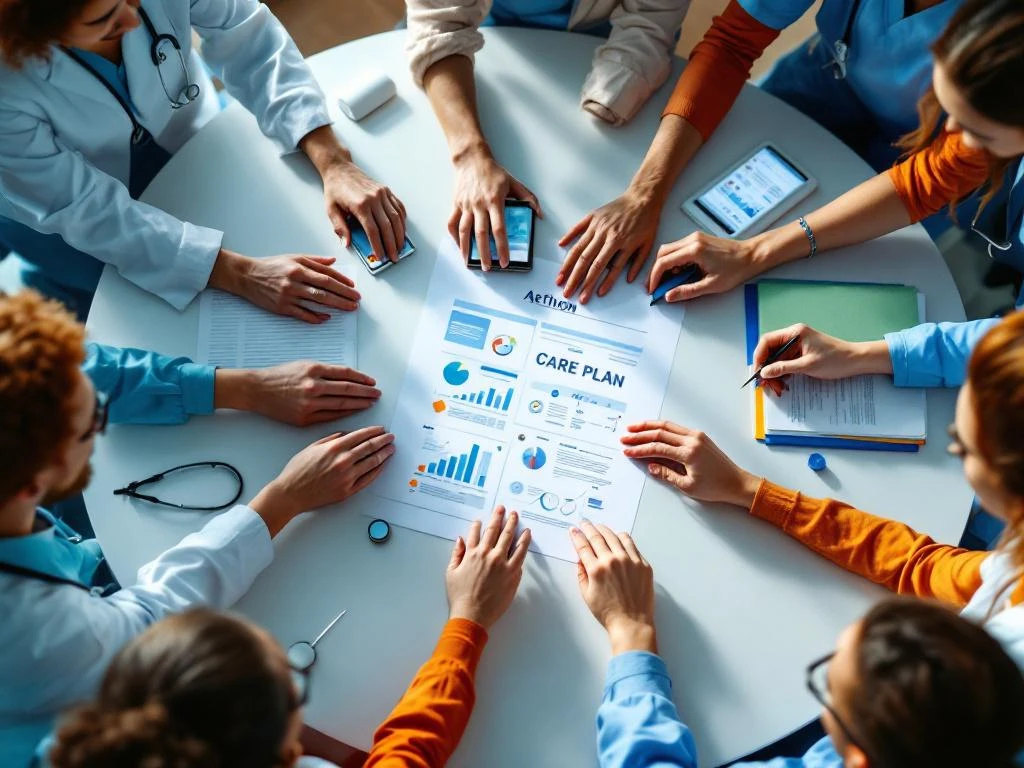 Handen van zorgprofessionals werken samen rond zorgplan met medische apparatuur op witte tafel