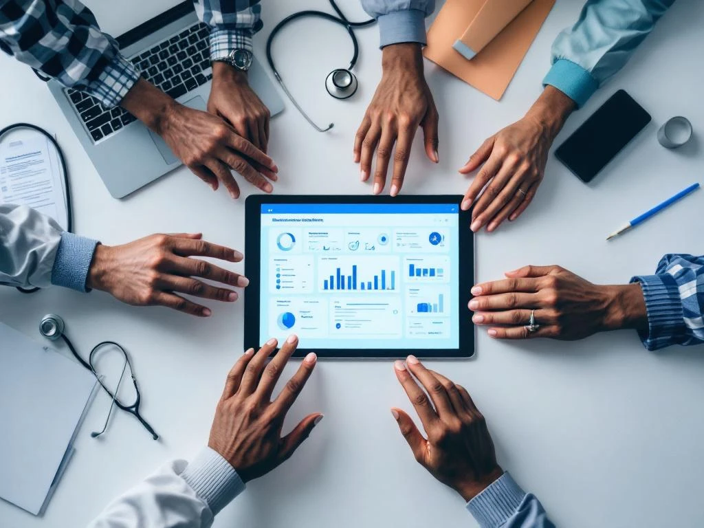 Diverse handen rond tablet met zorgcoördinatiegrafieken op medische werkplek met stethoscoop en laptop