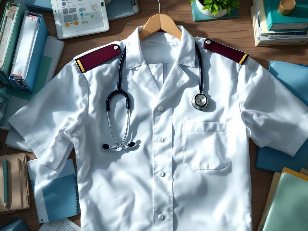 Medisch uniform met bordeauxrode epauletten op bureau met stethoscoop, tablet en medische dossiers