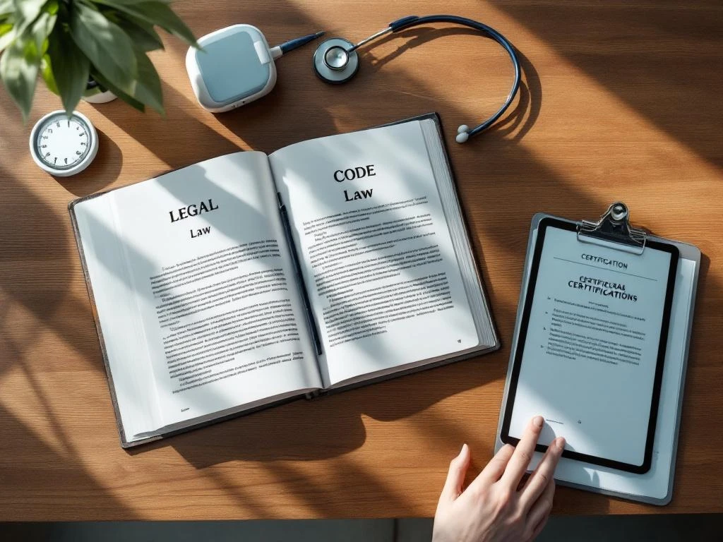 Bovenaanzicht bureau met juridisch wetboek gezondheidszorg, stethoscoop, bloeddrukmeter en certificeringsdocumenten