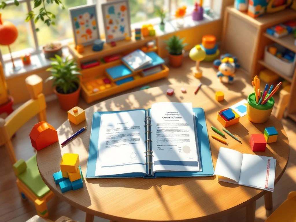 Professionele certificeringsmap op tafel in moderne kinderopvang met educatief speelgoed en kleurrijk artwork