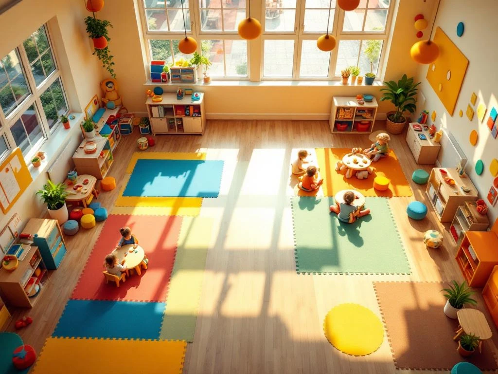 Moderne kinderopvang klaslokaal met kleurrijk speelgoed, tafeltjes en open looppad in warm zonlicht