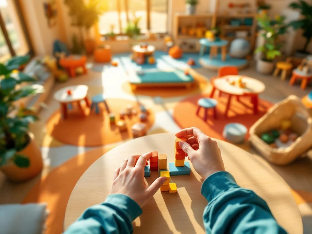 Handen schikken blokken in moderne kinderopvang met kleurrijk speelgoed en natuurlijk licht