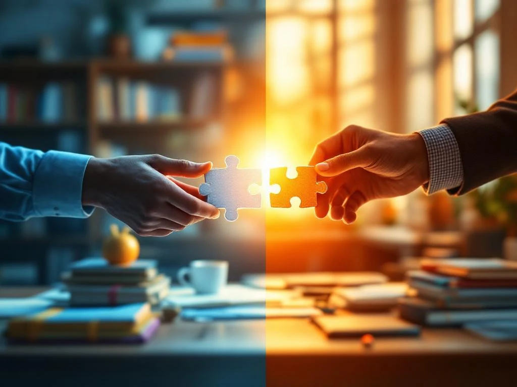 Twee handen wisselen puzzelstukjes uit tussen traditionele en praktijkgerichte onderwijspaden in kinderdagverblijf