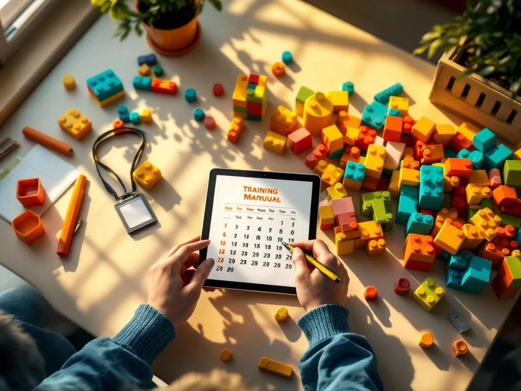 Bovenaanzicht werkplek kinderopvang met handleiding, tablet met kalender en badge, georganiseerde speelblokken