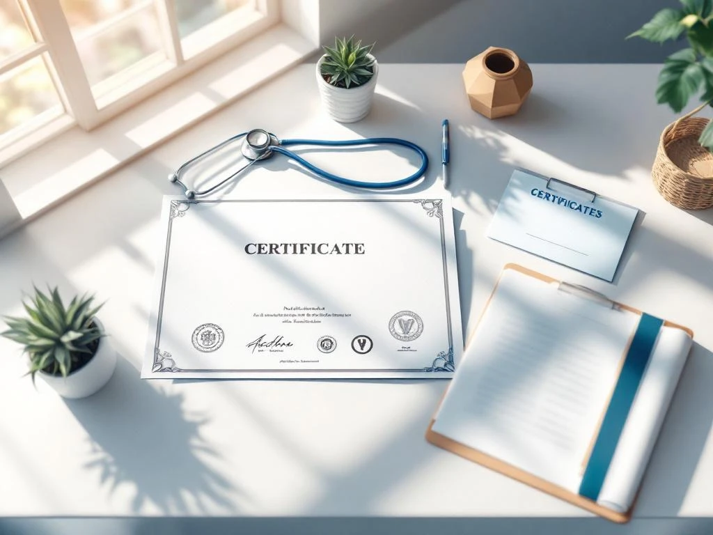 Medische certificaten en diploma's op wit bureau met stethoscoop en badge in natuurlijk licht