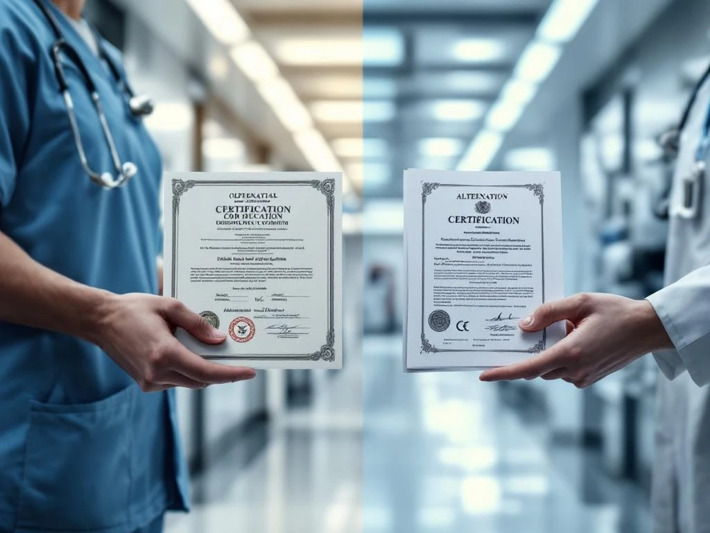 Zorgprofessionals in ziekenhuisgang tonen traditionele diploma's en alternatieve certificeringen naast elkaar


---

**Feedback Request**: Would you like me to adjust the length, add more specific details, or modify the focus of the alt text?