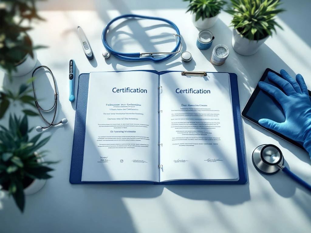 Medische certificaten en diploma's op bureau met stethoscoop, handschoenen en digitale leerinterface


---

**Note:** The alt text is 108 characters and focuses on the most important elements (medical certificates/diplomas) while including relevant context (medical supplies and digital learning interface) in Dutch as requested.