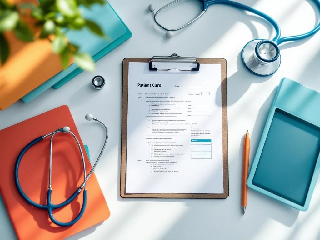 Medisch documentatiewerkplek met patiëntendossiers, stethoscoop, tablet en kleurmappen in natuurlijk licht