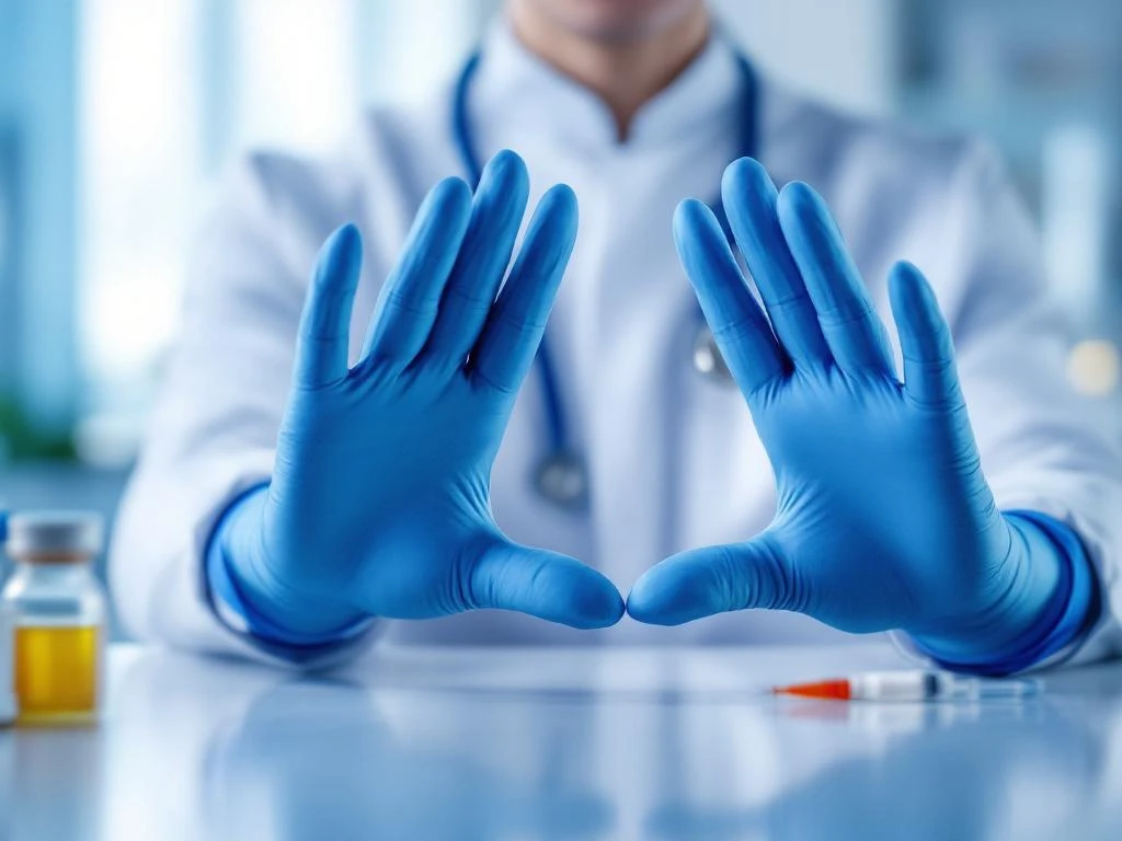 Handen in blauwe medische handschoenen maken stopgebaar bij medicijnen en spuiten in zorgomgeving