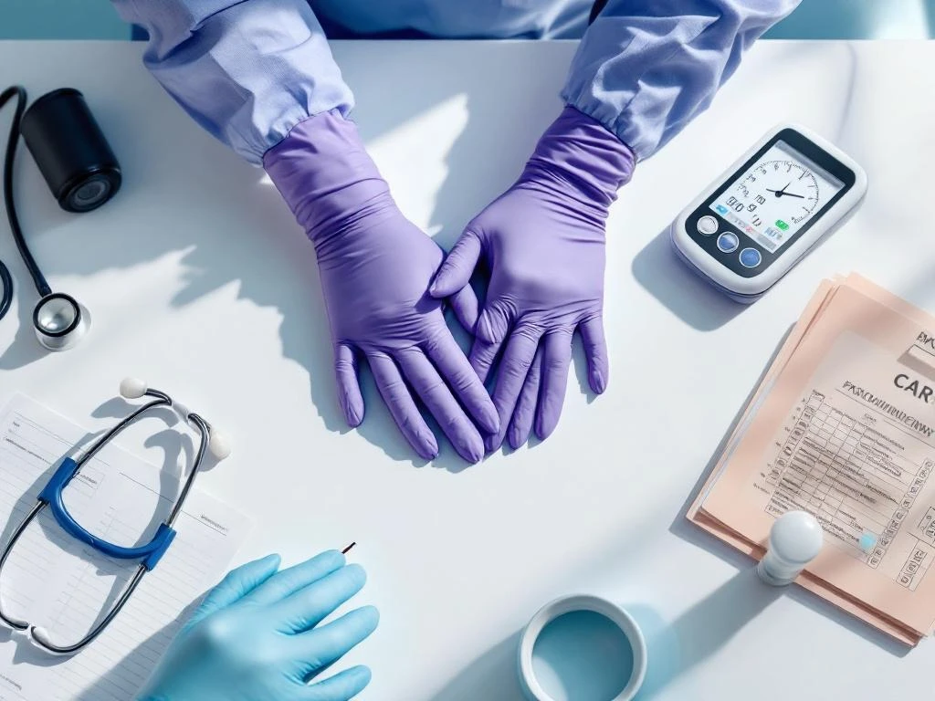 Handen in paarse medische handschoenen met stethoscoop, bloeddrukmeter en medicijnorganizer op witte ondergrond