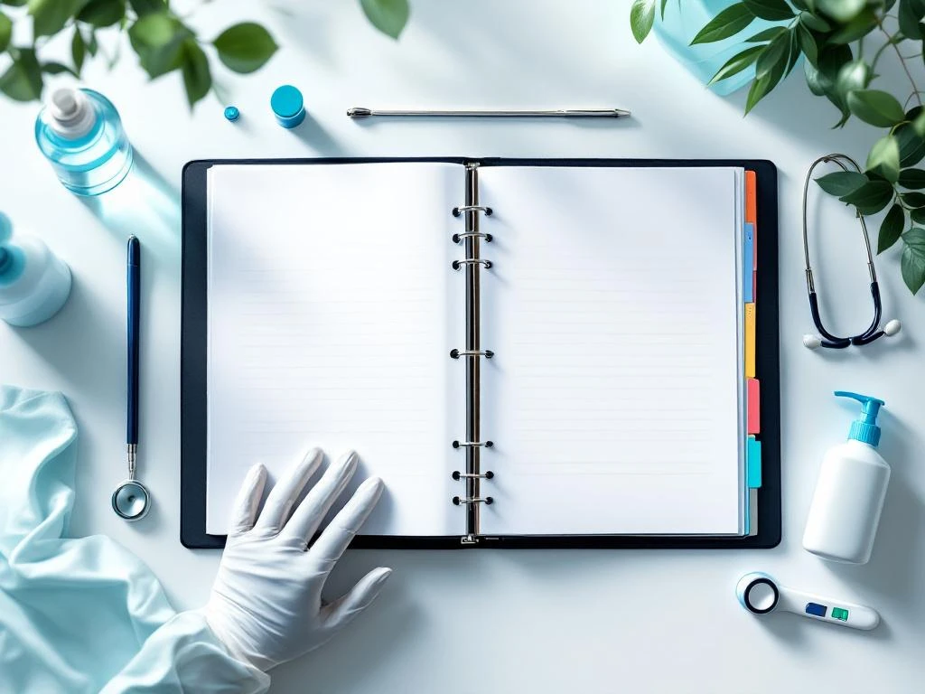 Medisch protocol handboek met gekleurde tabs, omringd door handschoenen, stethoscoop en desinfectiemiddel op witte tafel