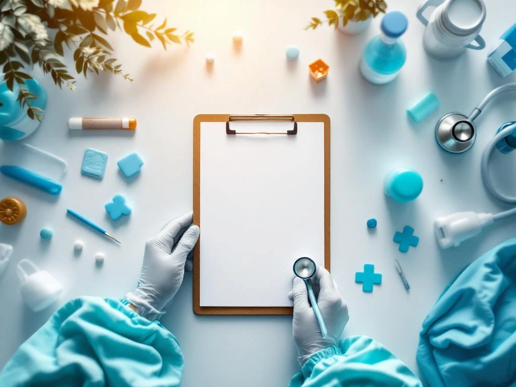 Medisch professional met stethoscoop en klembord in steriele zorgomgeving met blauwe en witte tinten