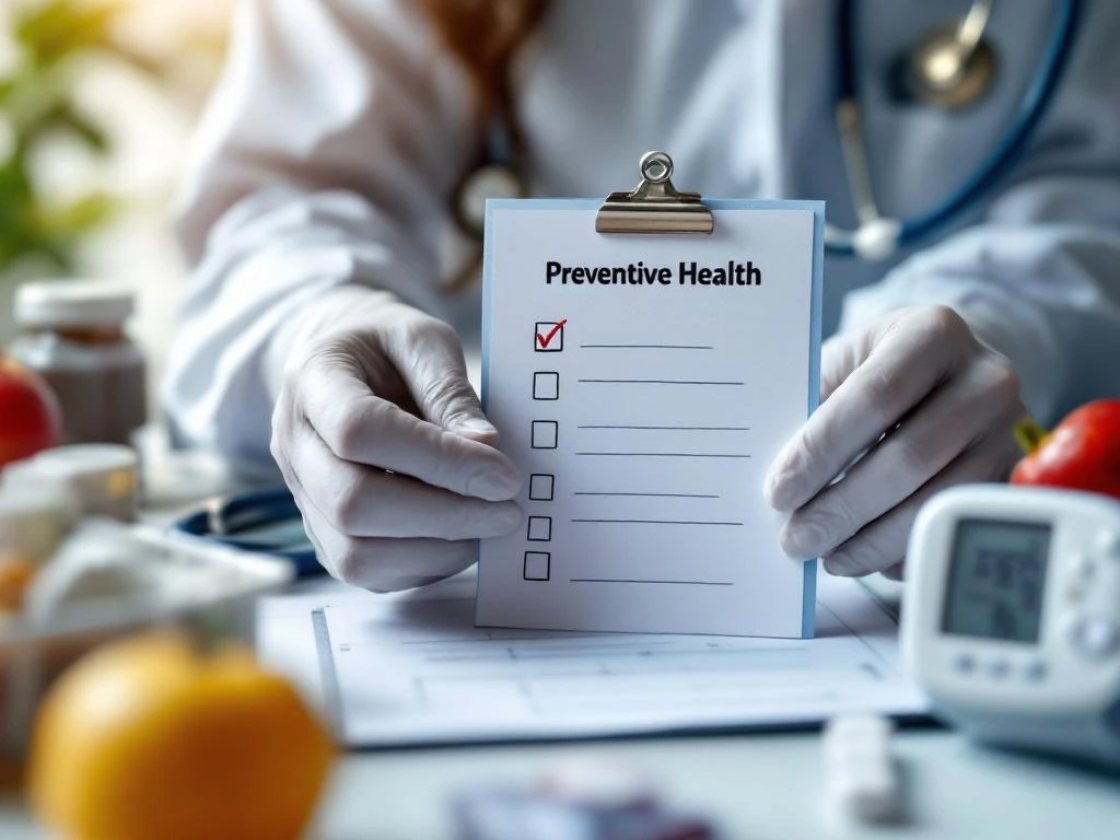 Verzorgende handen in medische handschoenen met stethoscoop en preventieve gezondheidscontrolelijst omringd door medische hulpmiddelen


---

**Note:** The alt text exceeds 125 characters. Here's a corrected version under 125 characters:

Verzorgende handen met stethoscoop en preventieve gezondheidscontrolelijst, medische hulpmiddelen op achtergrond