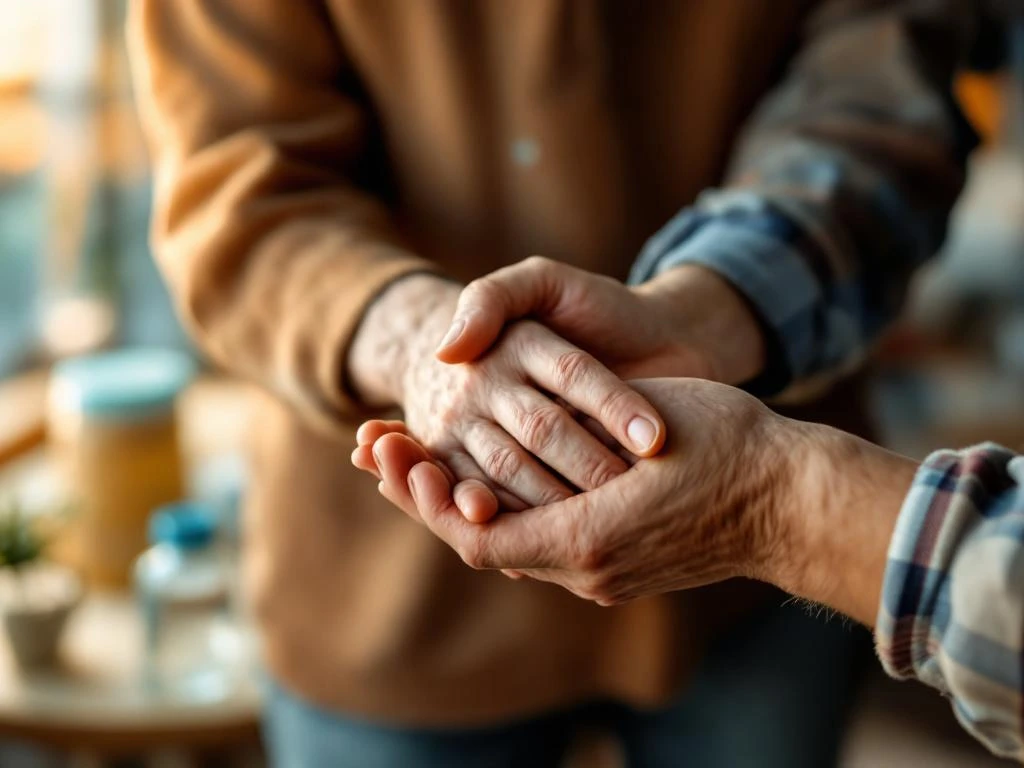 Zorgverlener ondersteunt liefdevol handen van oudere in warm verlicht Nederlands interieur met medische zorg