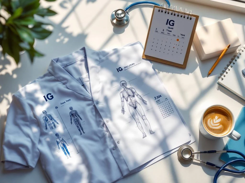 Verpleegkundig uniform met IG-badge op bureau met medisch studiemateriaal, kalender en stethoscoop