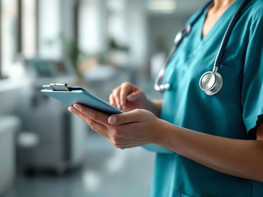 Handen in medische kleding houden stethoscoop en klembord in moderne zorginstelling