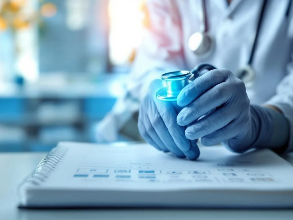 Verpleegkundige in blauwe handschoenen houdt stethoscoop bij medisch uniform met opleidingsmateriaal op voorgrond