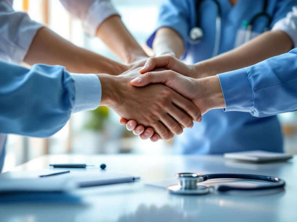 Diverse professionele handen komen samen boven bureau met stethoscoop in moderne zorgomgeving