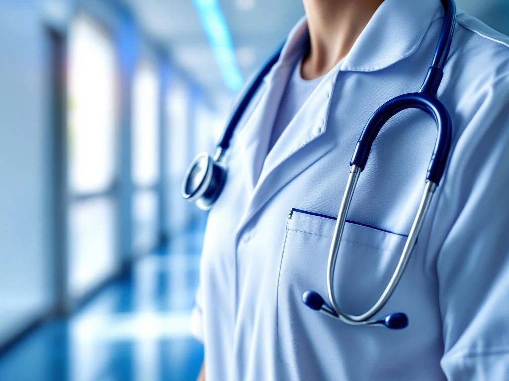 Stethoscoop op wit verpleegkundig uniform met marineblauwe epauletten in moderne zorginstelling